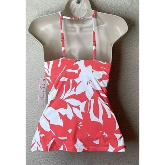 Anne Cole NWT size XS Retro Square neck coral/white print tankini swim top - Picture 3 of 12